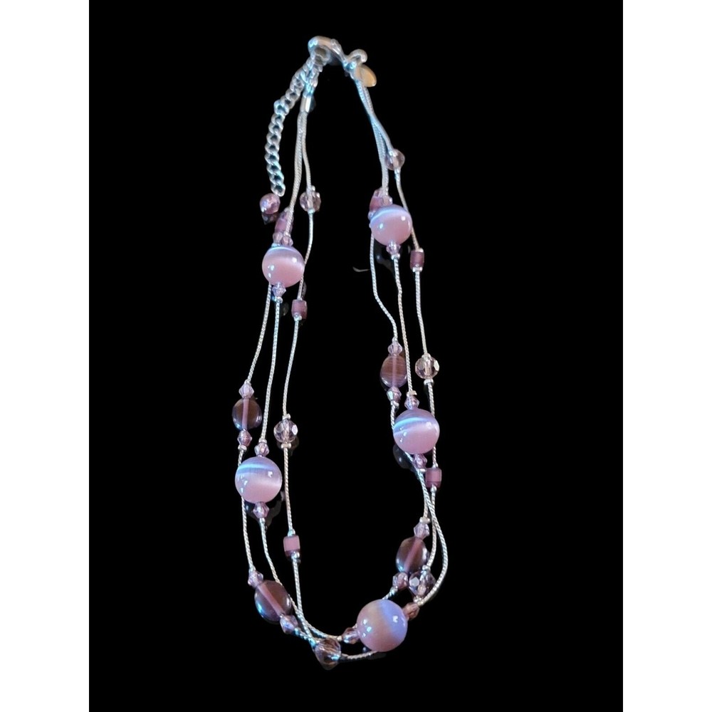 LIA SOPHIA Necklace Silver Tone Lavender Mauve Cats Eye Bead Layerd Station